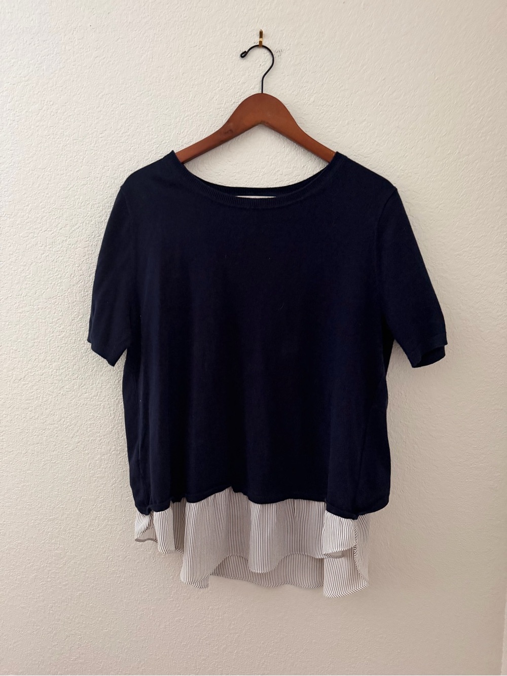 LOFT Navy Short-Sleeve Top with White Layered Hem